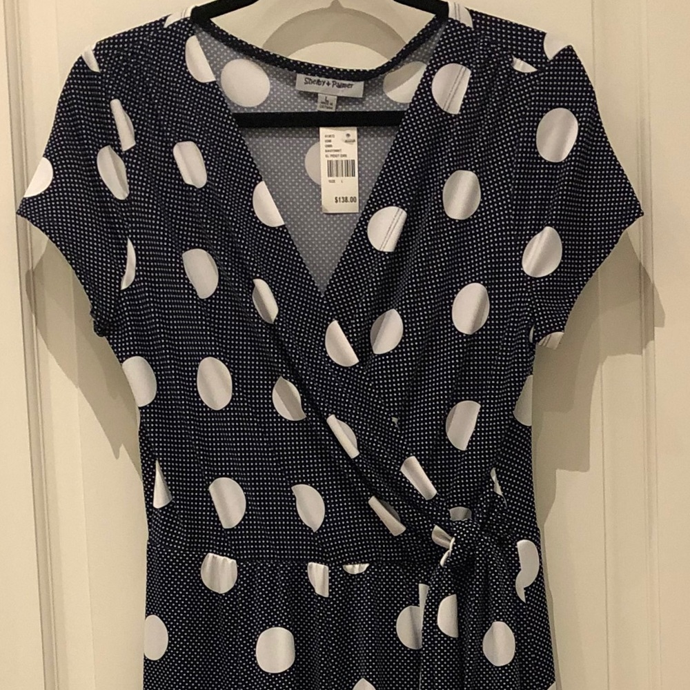 Navy Polka Dot Fit and Flare Faux Wrap Dress